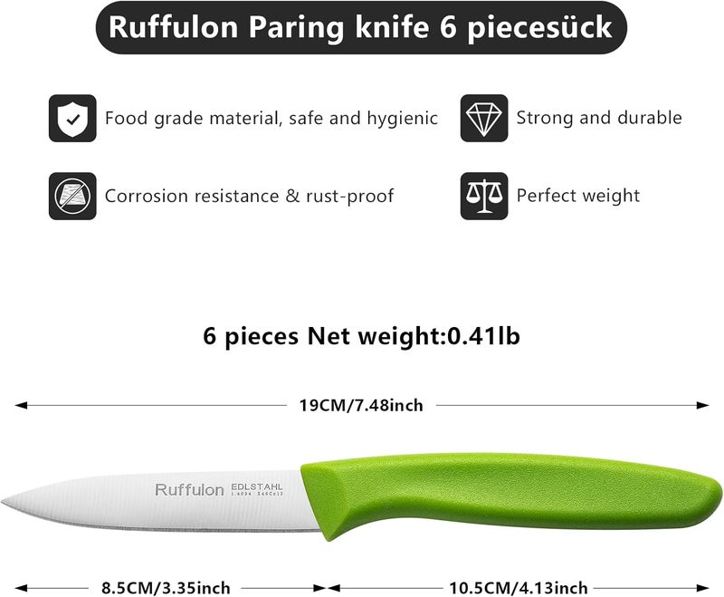 Ruffulon Paring Knife Fruit Knife Set (6 Pieces), Ultra Sharp Stainless Steel Vegetable and Fruit Knife with PP Plastic Ergonomic Handle for Cutting Fruits and Vegetables,Green - Image 2